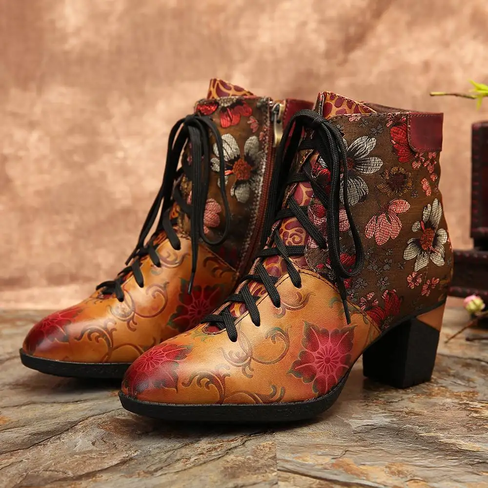 SOCOFY/ботинки в стиле ретро; удобные ботинки из натуральной кожи на высоком каблуке со шнуровкой и цветочным узором; женская обувь; Botines Mujer;