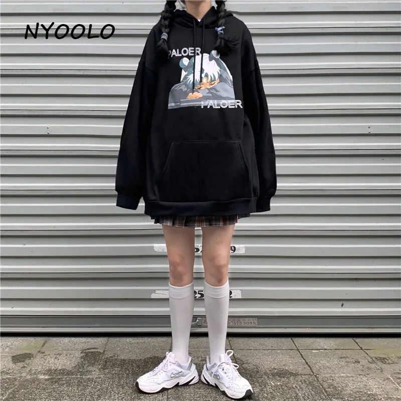 NYOOLO Harajuku стиль мультфильм ленивая девушка печати Свободные теплые толстовки осень зима длинный рукав с капюшоном Пуловеры Толстовка для женщин и мужчин