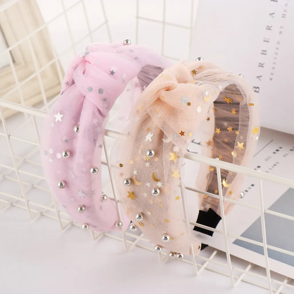 Mesh beaded Star embellishment Women Headband Ladies Wide-side knotted headband hairpin hairpin Elegant Female Hair Accessories