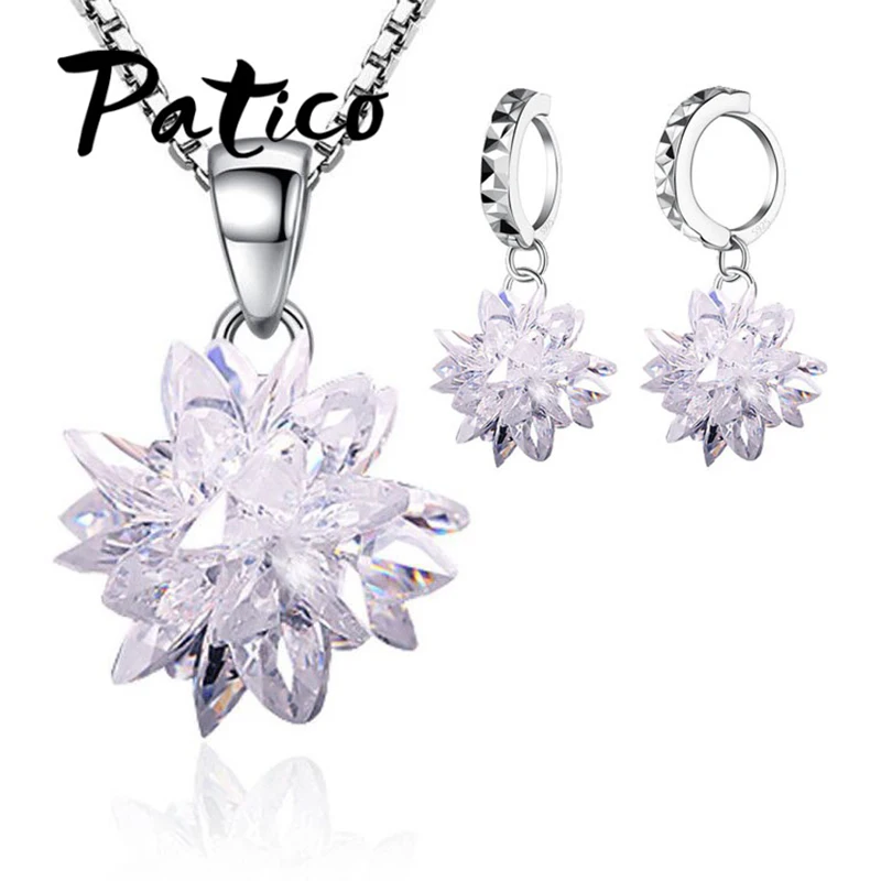 

New Design Elegant Women 925 Sterling Silver Ice Flower Pendant Necklace Sets White Cubic Zircon Crystal Earrings Jewelry