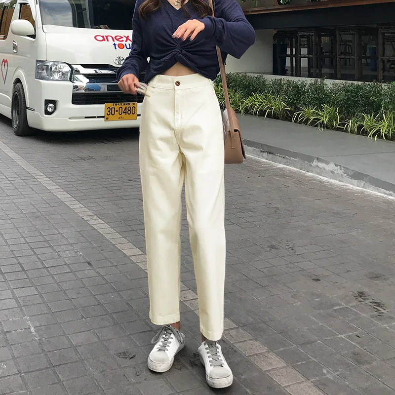 2019 Осенние Новые Стильные корейские свободные прямые джинсы с высокой талией абрикосового цвета женские повседневные укороченные джинсы
