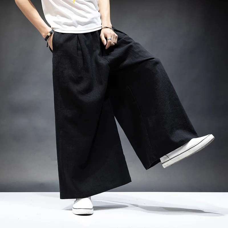 Japan style men's cotton linen wide leg pants,plus size Vintage casual Elastic Waist Pockets Joggers Retro Loose Trousers - Clothing