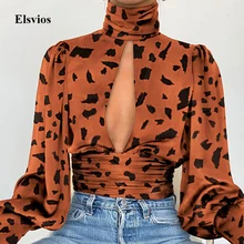 Леопардовая водолазка, атласная шелковая женская блузка, сексуальная открытая рубашка с открытой спиной, элегантная Осенняя блузка с длинным рукавом, плиссированные топы, блуза XL