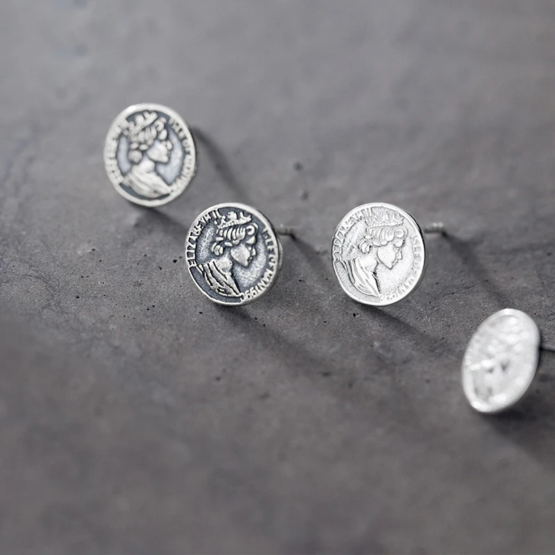 

MloveAcc European Style Real Silver Abstract Face Stud Earrings for Women 100% 925 Sterling Silver Round Coin Earings
