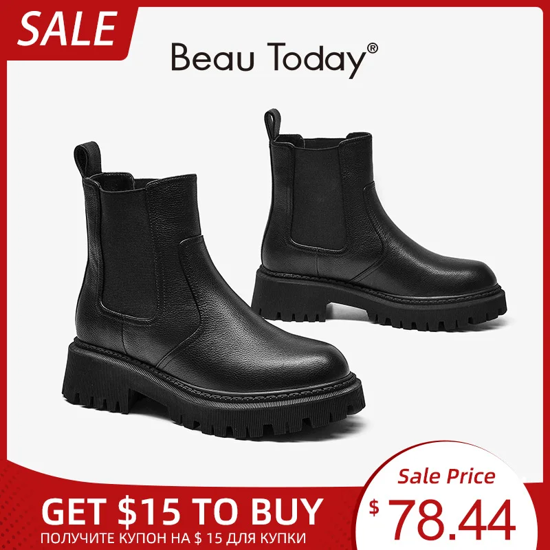 Platform-Shoes Chelsea-Boots Chunky Ankle-Bootie Calfskin Winter Women Ladies Beautoday