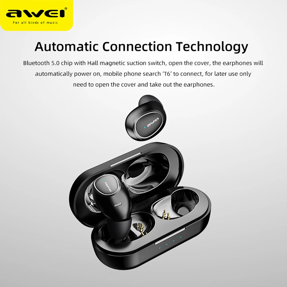 AWEI T16 TWS Ear buds Wireless Charging Earphones Auto Connect Bluetooth Headphone for Xiaomi Redmi Huawei iPhone