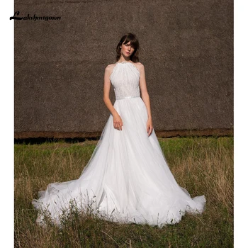 

Lakshmigown Bohemian Lace Wedding Dress White/Ivory A Line Lace Bridal Gowns Open Back Sleevless vestido de noiva 2021