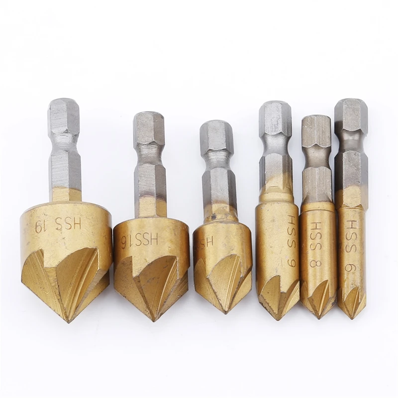 6PCS Gold 90 Degree Hexagon Shank Five-edge Chamfering Machine Tool Knife Woodworking Hole Opener High-speed Steel | Инструменты