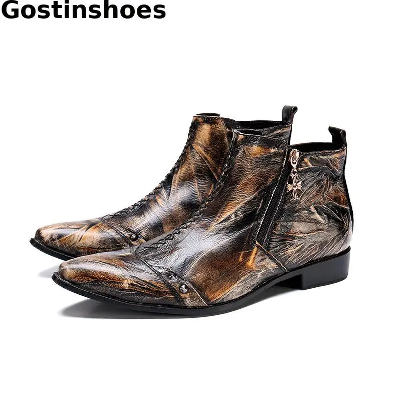 

Classic Men Boots Genuine Leather Luxury Style Men Short Boots Cap Toe Pointed Side Zipper Men Ankle Boots Fashion