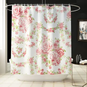 

Rose Flowers Shower Curtain Polyester Waterproof Curtains + Pedestal Rug Lid Toilet Cover Bath Mat Set for Bathroom Decor DW075
