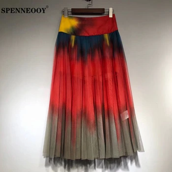

SPENNEOOY Designer Custom Runway Summer Female Multicolor Mesh Skirt High Waist Ladies Fashion Casual Midi Skirts 2020
