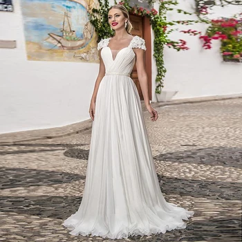 

Gorgeous Silk Like Chiffon V-neck Neckline A-line Wedding Dresses Open Back Cap Sleeves Bridal Gowns robe mariage courte