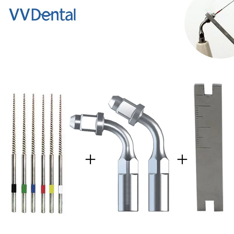 

VVDental E1 E2 Set Ultrasonic Scaler Endo Tips for EMS Woodpecker-UDS Endo Cleaning with Dental Wrench and 6pcs Root Canal Files
