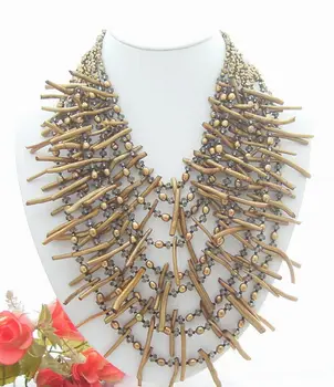 

9 Strands Brown Pearl Golden Coral Crystal Statement Necklace Multi strand