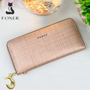 

FOXER Women Split Leather Wallet Bifold Clutch Bag with Wristlet Card Holder Fashion Coin Purse Cellphone Bag Female Evening Bag