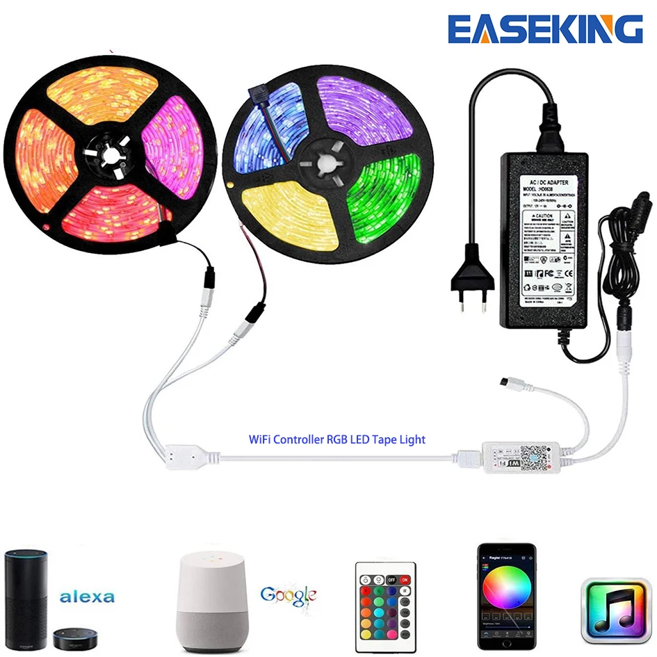 15M 20M SMD5050 RGB Tape Ribbon Diode Strips Light 10M 5M RGB LED Strip Light No Waterproof Flexible Stripe Lamp WIFI Controller