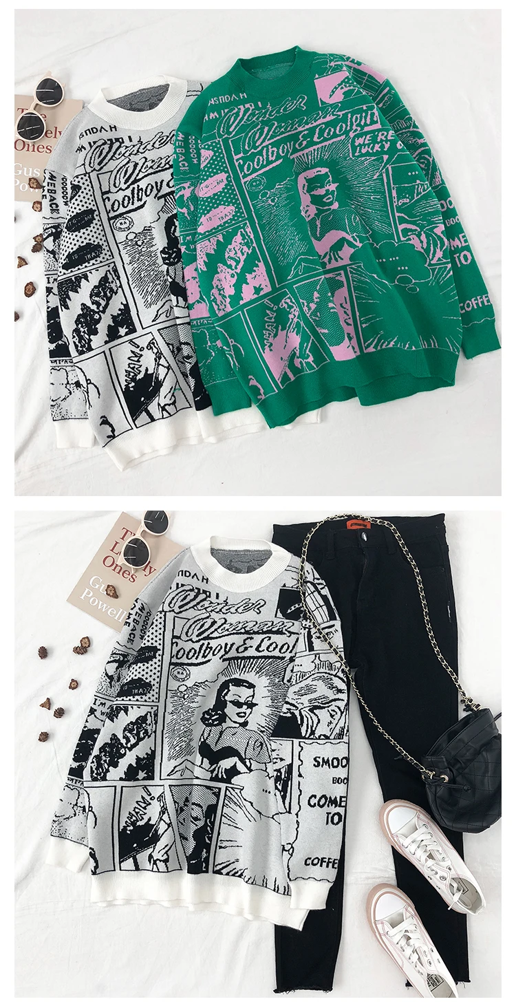 Женский вязаный пуловер с надписями и рисунком граффити, свитера, новинка, хипстерский Повседневный свитер, уличная одежда, джемпер, Топы, верхняя одежда для женщин