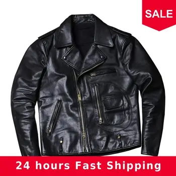 

2020 Black Men American Style Slim Fit J24 Biker's Leather Jacket Genuine Cowhide Autumn Short Motorcycle Leather Coat