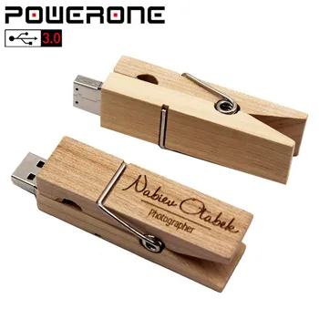 

POWERONE USB 3.0 high speed free cutomer LOGO wooden clip USB flash drive pendrive 8GB 16GB 32GB 64GB memory stick usb gifts