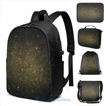 

Funny Graphic print Black gold glitter night sky USB Charge Backpack men School bags Women bag Travel laptop bag