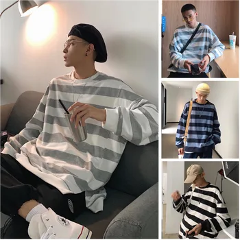 

Men's Sweatshirt 2019 Autumn and Winter New Contrast Stripe Loose T-Shirt Sweatshirt Youth Personality Fashion Men's Wear