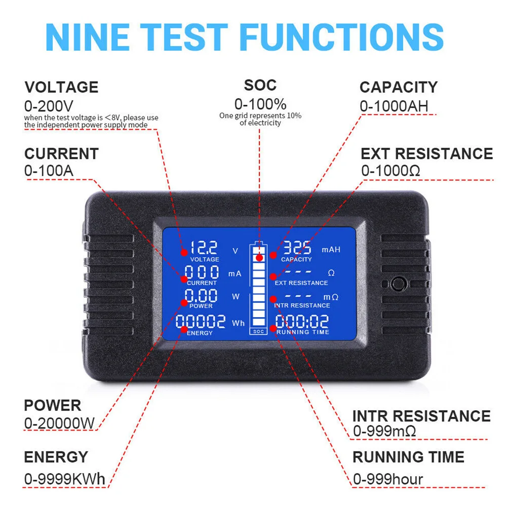 LCD Display With Backlight English 0-200V Car Electricity Easy Install Resistance Battery Tester Voltmeter Solar Meter Portable