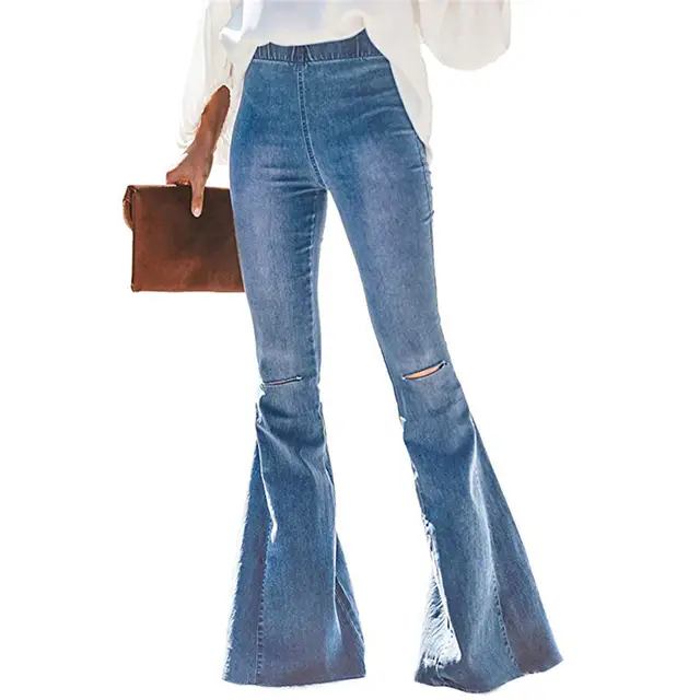 2020 New High Waist Flare Jeans Black Bell Bottom Ripped Female