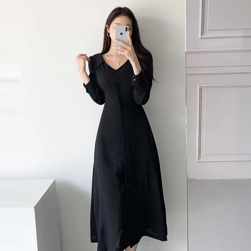 Elegant One-Piece Dress Woman 2020 Spring Autumn New Single-Breasted Long Sleeve Waist Dress Korean Office Party Dresses Lady