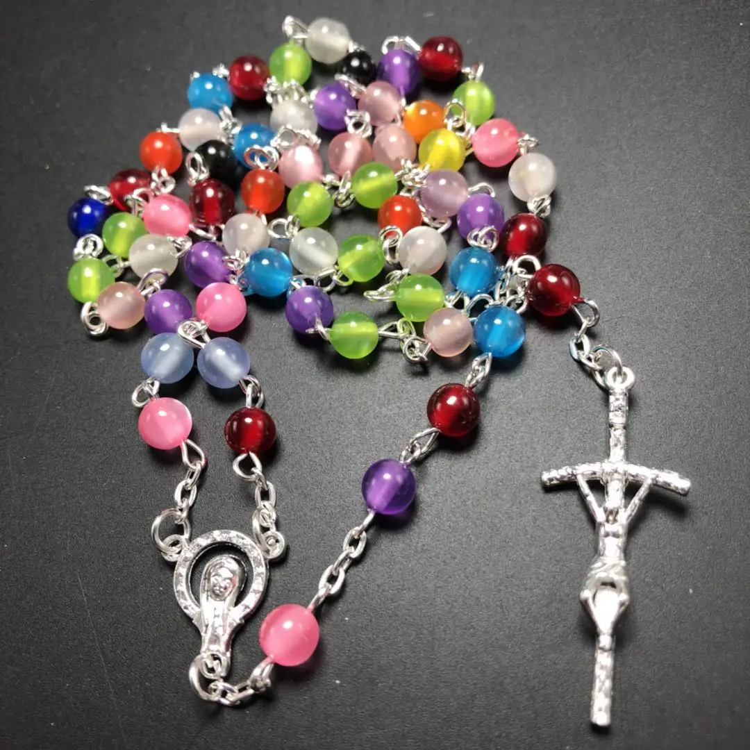 freeship 3pcs/set multicolor catholic Rosary necklace beautiful 6mm faux cat eye bead rosary pendant Necklace virgin mary center | Украшения