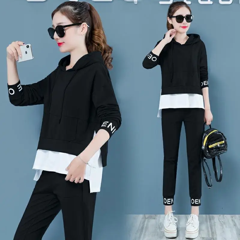 

Women Casual Hoodies 2 Pcs Outfit Letter Side Split Hooded Pull Rope Sweatershirt Slim Pencil Long Pant Autumn Winter Sport Suit