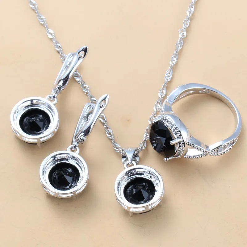 2020 New 925 Silver Wedding Jewelry Sets Black Zircon Dangle Earrings and Necklace Ring 3 piece Set women Trendy Costume