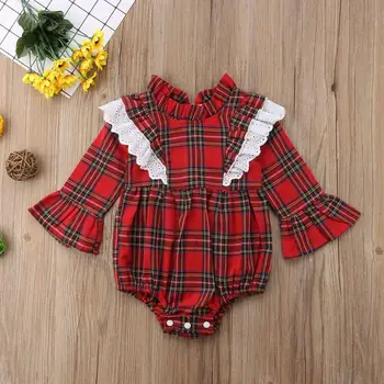 

PatPat Sassy Plaid Lace Ruffled Flare-sleeve Bodysuit Dress for Baby Toddler Flower Collar Design Spring Autumn Cotton