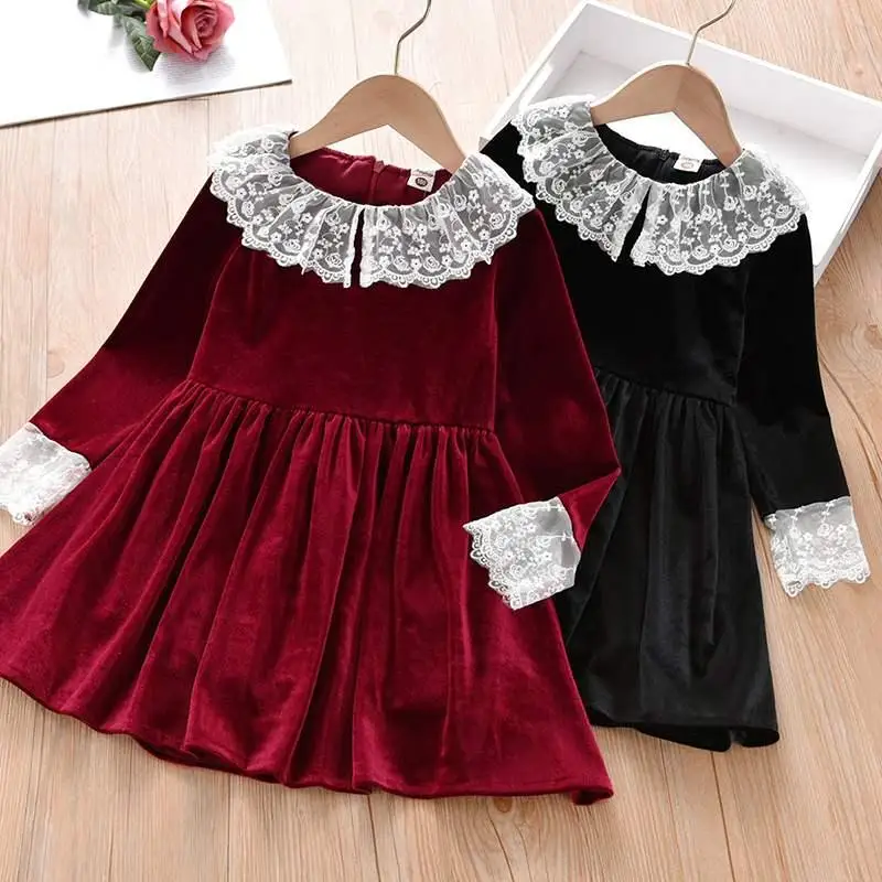 2020 New Girl Gold Velvet Spring Autumn Dress Girls Kids White Lace Flower Princess Dresses Children Pleated Sweet Clothes K278 | Детская