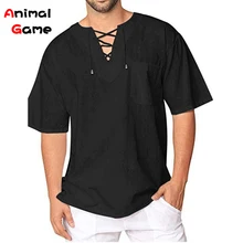 summer Linen short Sleeve T-shirts With Short Sleeves V-neck Lace Oversize Men's Woman Women Man Male Tops Tees Clothing 