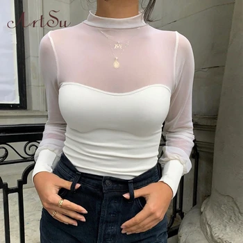 

ArtSu Sexy Mesh Sheer Transparent Patchwork Knited Bodysuits Women Long Sleeve Casual Skinny Elastic Bodycon Bodysuit ASJU60506