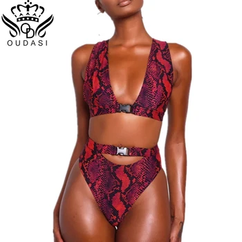 

2020 Bikini Buckle High Waist Bikini Set African Swimwear women swimsuit Sexy Red Snake Print Bathing suit Female Bikinis B