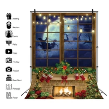 

Christmas Winter Backdrop For Photo Festivals Rural Eve Santa Clause Moon Fireplace Flower Wreath Window Child Photo Backgrounds