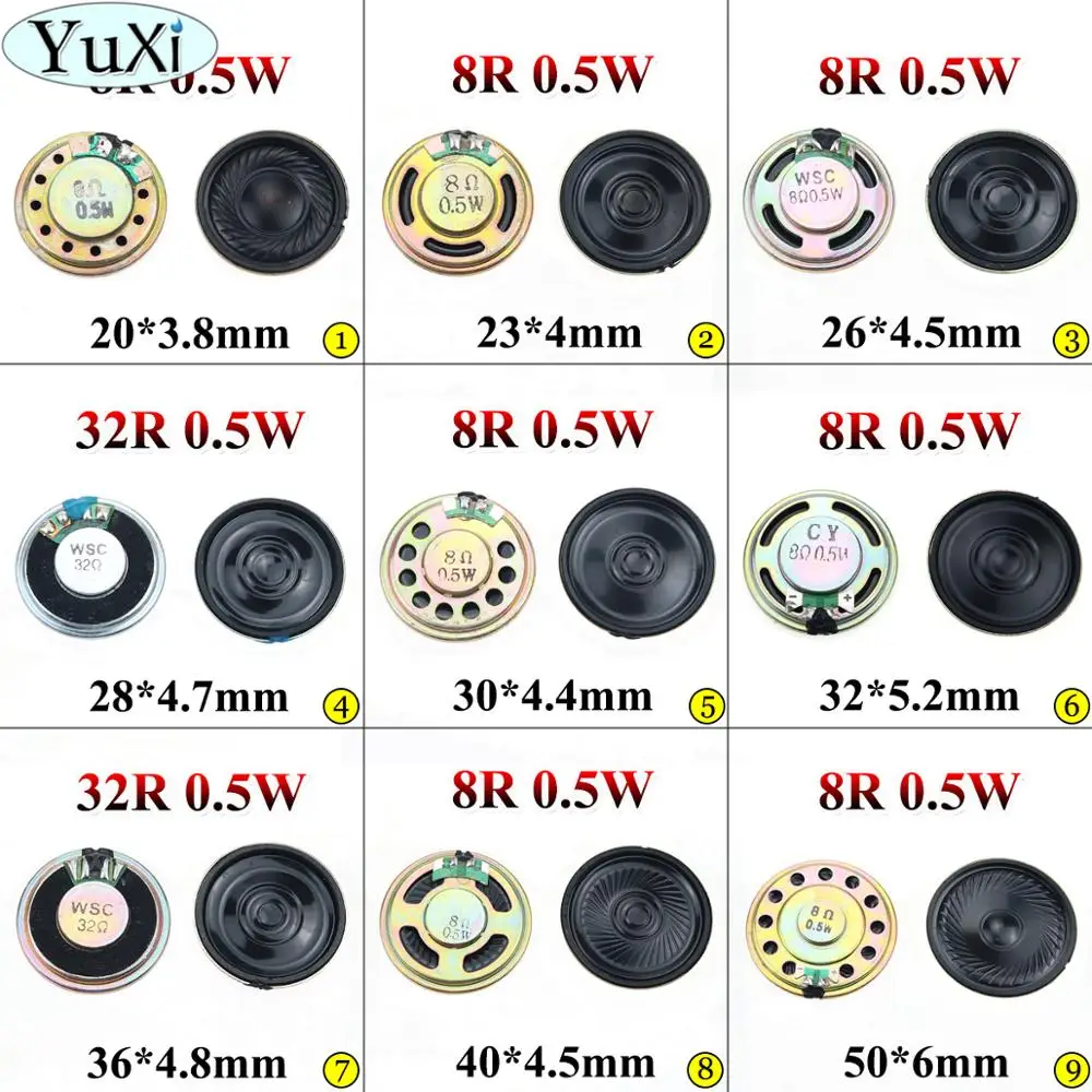 

YuXi 0.5W 8R 32R Speaker 8 Ohm Horn Speaker Diameter 20mm 23mm 26mm 28mm 30mm 32mm 36mm 40mm 50mm 4CM Loudspeaker Loud Speaker
