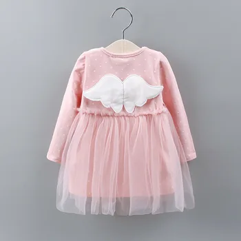 

2020 Girls Solid Lace Princess Dress with Wing Spring Kids Long Sleeve Elegant Clothes Children's Cotton Cute Dresses for Girls