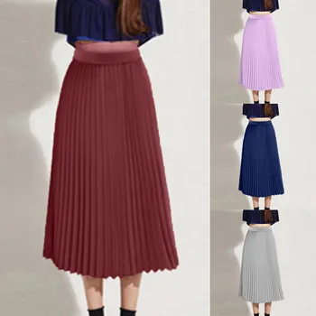 

Women Vintage Long Skirts Winter Elastic Waist Pleated Skirt Solid Color High Waist Elascity Casual Vintage Party Skirt d2