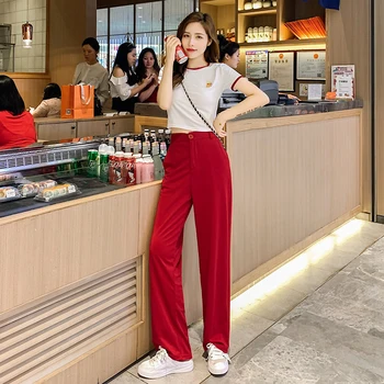 

Female Summer New Korean Fashion Short Section T-shirt + High Waist Wide Leg Pants Two-piece Suit