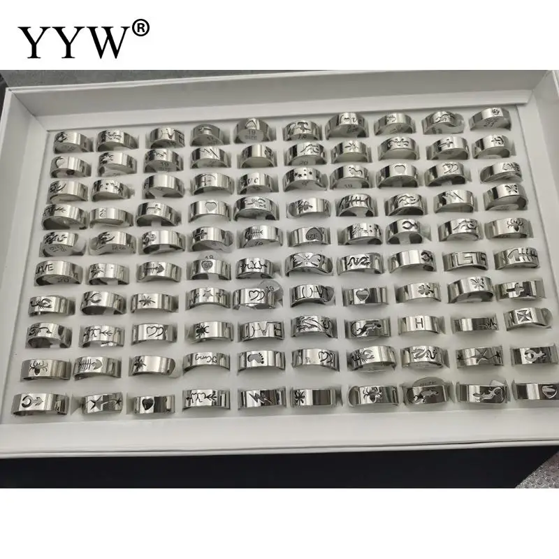 

100pcs/Box Mix Style Stainless Steel Rings For Men And Women Round Bulk Punk Statement Rings Party Jewelry Gift