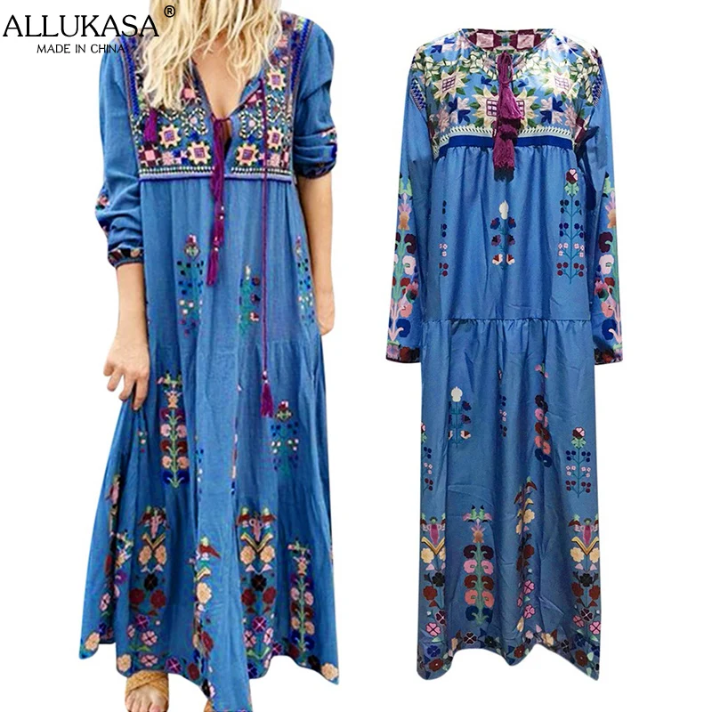 

Allukasa Women Floral Printing Dress Plus Size V Neck Long Sleeve Boho Maxi Casual Female Dresses Vestidos Elegantes Para Mujer