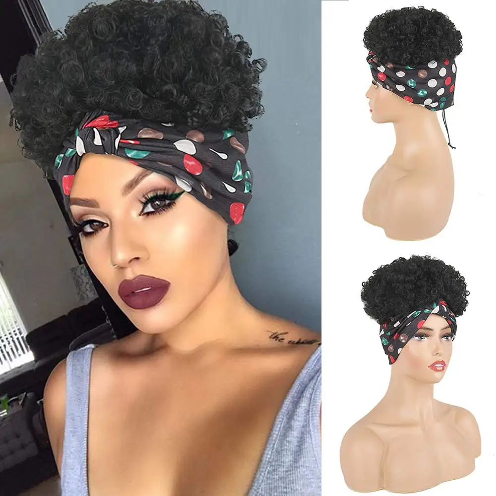 

Drawstring High Puff Ponytail Afro Kinky Curly Synthetic Ponytail with Turban Ponytail Hair Extension Short Curly Wigs Headband
