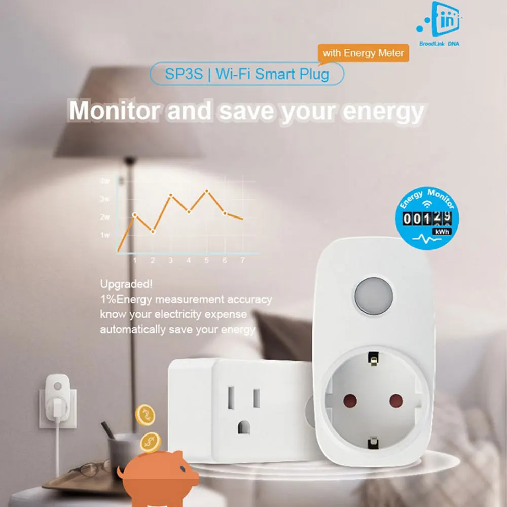 Broadlink SP3S Wifi Smart Plug стандарт ЕС с измеритель мощности синхронизации приложение управление Совместимо с Alexa Echo Google Home