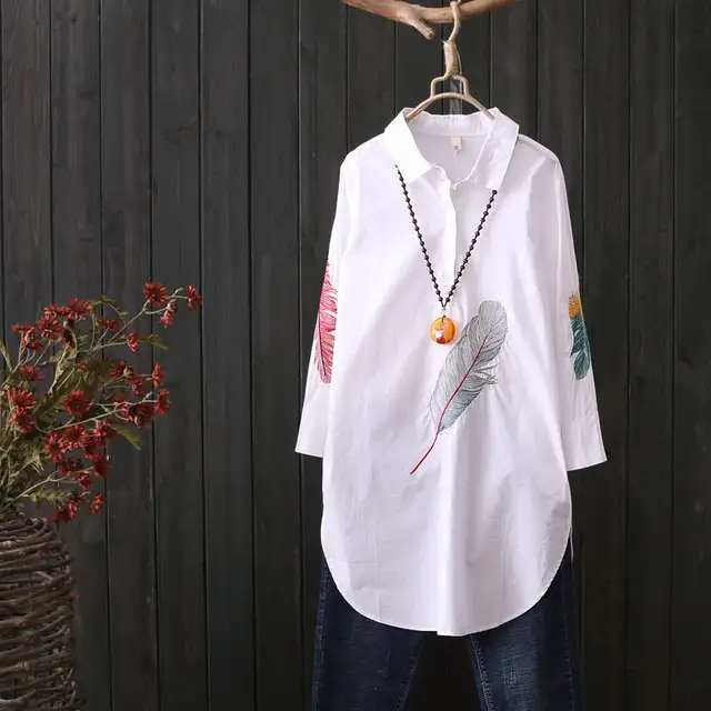 US $11.54 100% Cotton Plus size Feather Embroidery White Long Blouse Women 3/4 Sleeve Art Loose Ladies Office