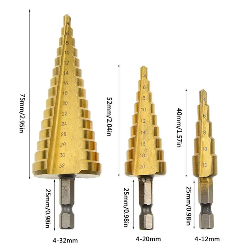 

HSS Step Drill Cone Conical Bit Set Hole Milling Cutter Metric Titanium Coating Metal Hexagonal Handle Quick Replace Woodworking