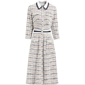 

Elegant women Woolen Tweed woolen Dress Party Slim half sleeve peter pan collar Autumn Spring Dresses