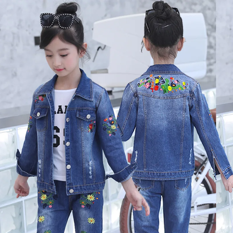 Fall Kids Garments Long Sleeve Denim Jacket Spring Set Outfit Embroidery Flower Design Jeans Girls Clothing Sets