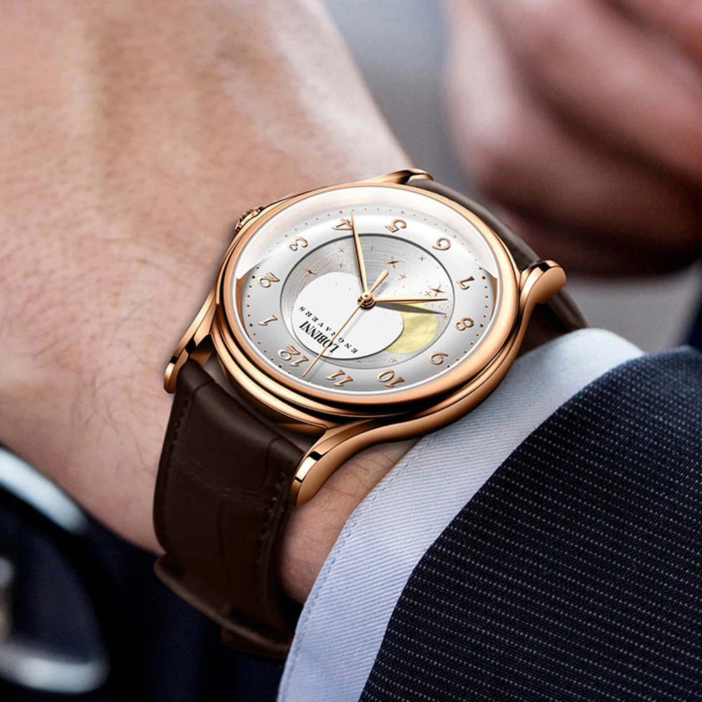 Часы Moonphase, Роскошные мужские часы LOBINNI, Мужские автоматические механические водонепроницаемые наручные часы, мужские Брендовые Часы erkek kol saati
